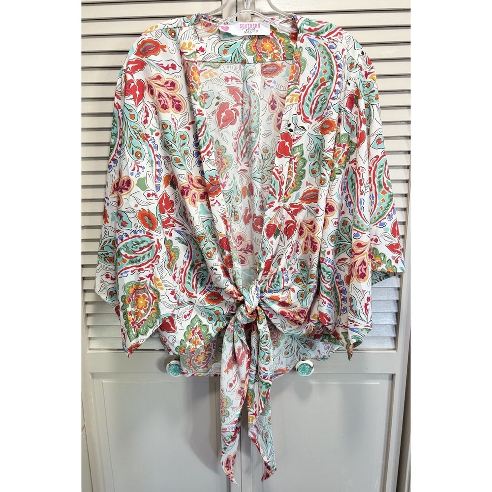 Southern Fried Chics Floral Blouse Tie Front Size XL Short Flowy Sleeves Boho